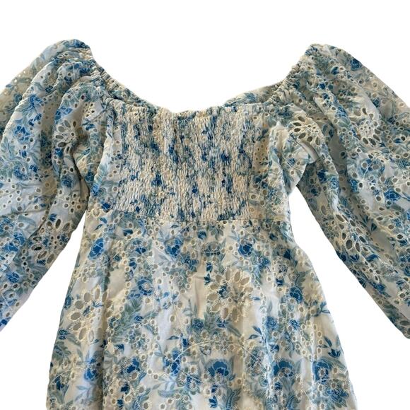 En Saison Claire Floral Blue Eyelet Open Front Long Sleeve Mini Dress Sz Medium - Picture 8 of 11